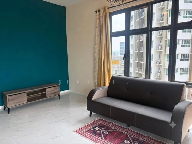 Living features: grey fabric sofa, wooden TV console, white marble flooring, blue accent wall, cream painted walls, large floor-to-ceiling windows, sheer curtains, area rug with geometric pattern, chandelier; style: modern; view: city.