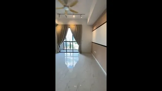 Room features: marble tile flooring, white painted walls, curtains, ceiling fan, sliding glass door, balcony view, recessed downlights, decorative wall paneling; style: modern; view: garden.