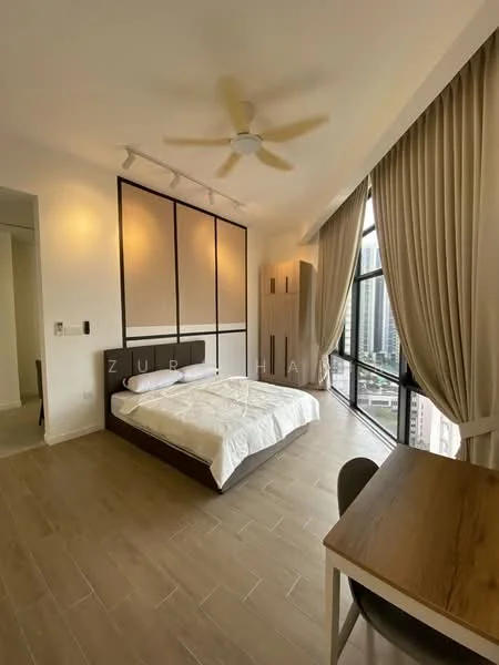 Bedroom features: queen-size bed with white bedding, wooden bed frame, 5-blade ceiling fan, floor-to-ceiling windows, curtains, wooden desk, chair, built-in wardrobe with sliding doors, light-colored wall, laminate flooring; style: modern; view: city.
