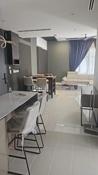 Kitchen features: grey cabinetry, stainless-steel sink, chrome pull-down faucet, marble countertop, built-in oven, stainless-steel range hood, 4-burner gas hob, bar stools, open shelving; style: modern. Living features: sofa in light beige, coffee table, area rug, floor-to-ceiling windows, curtains in blue, wall-mounted TV, decorative wall paneling, dining table with chairs; style: modern.