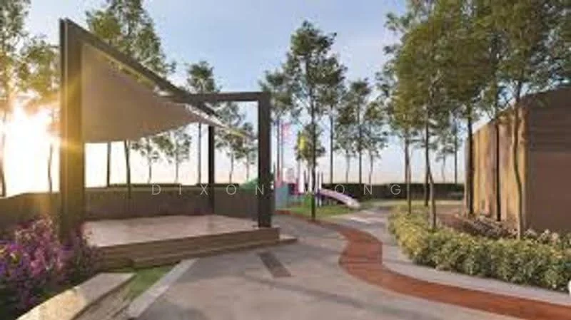 Exterior type: landscape garden; features: open pavilion structure, wooden decking, landscaped garden with trees, flower beds with purple flowers, curved pathway, slide structure, open green space, sunset lighting; style: modern.