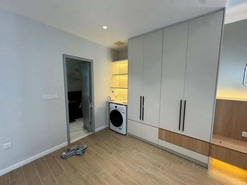 Laundry features: light wood-look tile flooring, white painted walls, built-in cabinetry with light wood finish, stacked washing machine, open shelving above cabinetry, recessed lighting, grey door, laundry area with space for folding; style: modern.