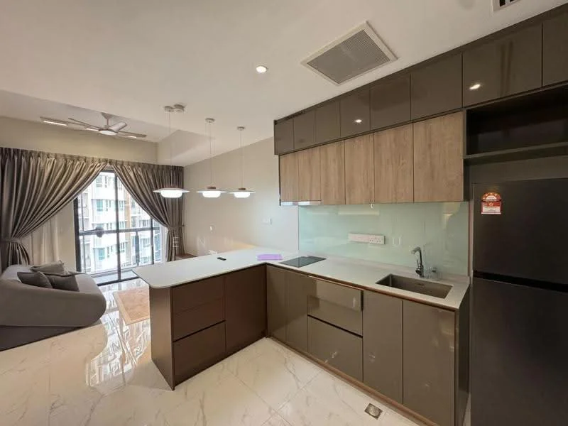 Kitchen features: L-shaped kitchen layout, white quartz countertop, brown cabinetry with flat-panel design, stainless-steel sink, chrome pull-down faucet, built-in oven, stainless-steel fridge, pendant lighting, recessed downlights, marble tile flooring, floor-to-ceiling windows with sheer curtains, sofa in living area visible, open-plan design; style: modern; view: city.