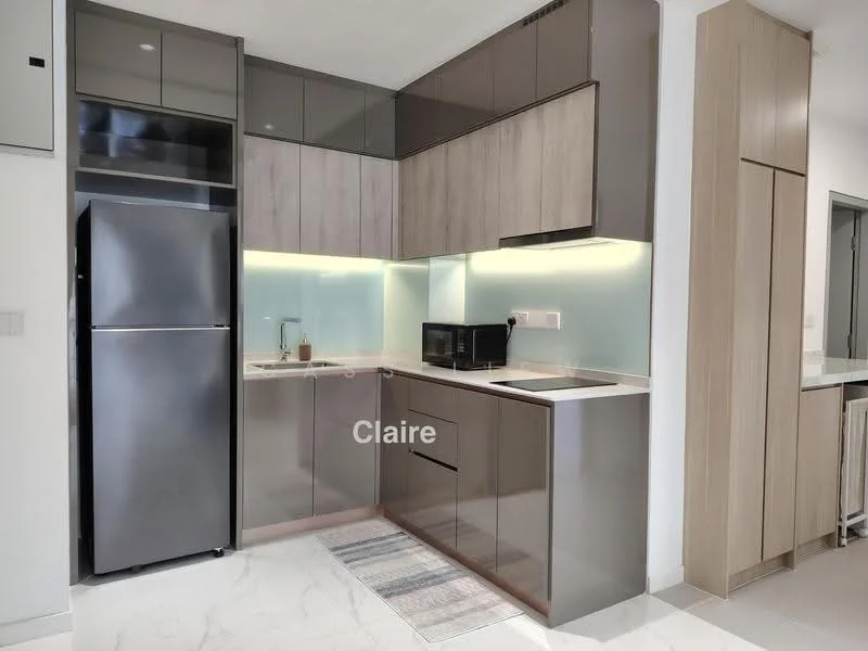 Kitchen features: stainless-steel fridge, built-in microwave, ceramic cooktop, grey cabinetry with wood accents, white quartz countertop, single-bowl stainless-steel sink, chrome pull-down faucet, backlit countertop, marble tile flooring, recessed downlights, open shelving, kitchen rug; style: modern.