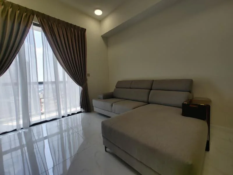 Living features: grey fabric sectional sofa, floor-to-ceiling windows, sheer curtains, marble tile flooring, recessed ceiling light, light-colored walls, decorative wall shelf, city view; style: modern; view: city.