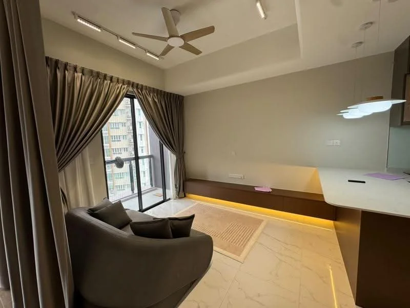 Living features: 5-blade ceiling fan with light, floor-to-ceiling windows, curtains in grey, light wood feature wall, marble tile flooring, recessed downlights, wall-mounted shelf, area rug with geometric pattern, sofa in dark grey, pendant lamp, decorative wall paneling; style: modern; view: city.
