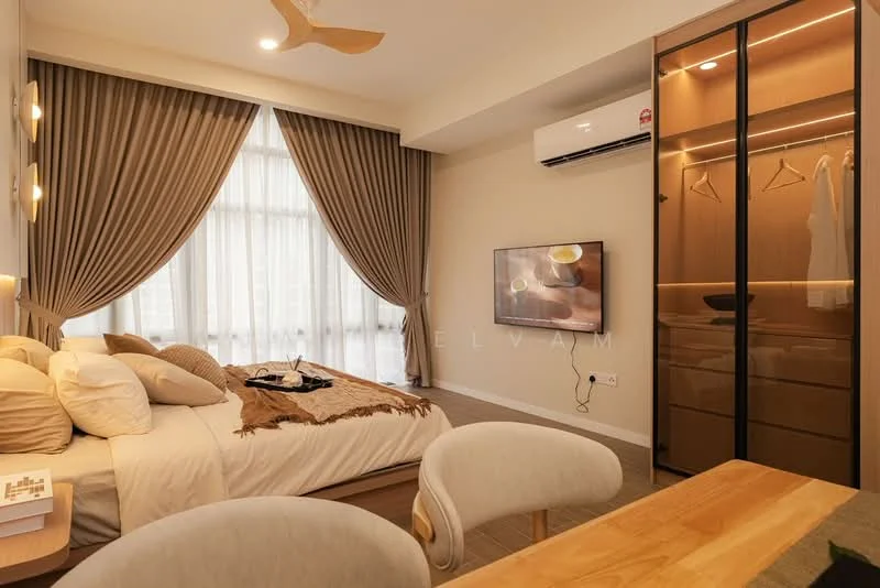 Bedroom features: king-size bed with beige bedding, upholstered headboard, wooden flooring, floor-to-ceiling windows with sheer curtains, wall-mounted TV, 1 wall-mounted split AC, ceiling fan, built-in wardrobe with glass doors, decorative throw blanket, side table with books, dining table with two chairs; style: modern.