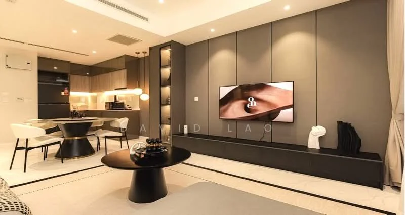 Living features: grey accent wall, recessed lighting, wall-mounted TV, black coffee table, round dining table, 4 upholstered dining chairs, open shelving with decorative items, light-colored flooring, kitchenette visible in background, curtains, decorative sculpture; style: modern.