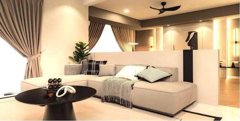 Living features: L-shape sectional sofa in light grey, black round coffee table, decorative throw pillows in black and white, black and white patterned throw blanket, floor-to-ceiling windows with sheer curtains, wall-mounted lighting fixtures, ceiling fan with light, indoor plant in ceramic pot, neutral painted walls, wooden flooring; style: modern.