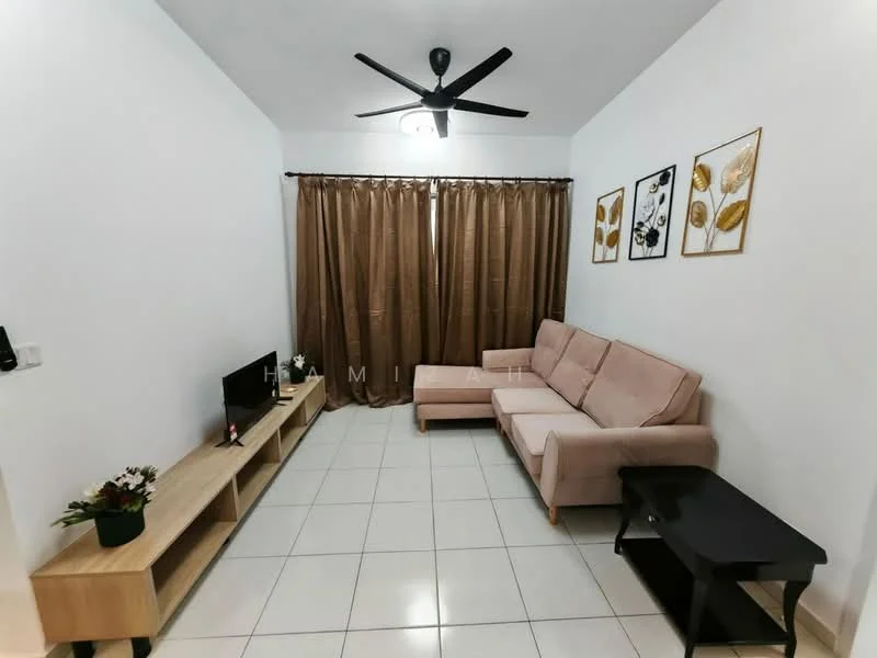 Living features: 3-seater fabric sofa in light pink, coffee table, TV console, wall-mounted TV, floor-to-ceiling curtains in brown, white painted walls, ceramic tile flooring, ceiling fan with light, decorative wall art with botanical prints; style: modern.