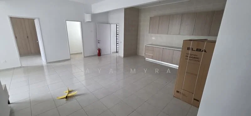 Living features: white painted walls, cream tiled flooring, open layout, kitchen cabinetry with wood finish, countertop, fire extinguisher, box labeled ELBA, banana on the floor; style: modern. Room features: white painted walls, cream tiled flooring, doorway leading to another room.