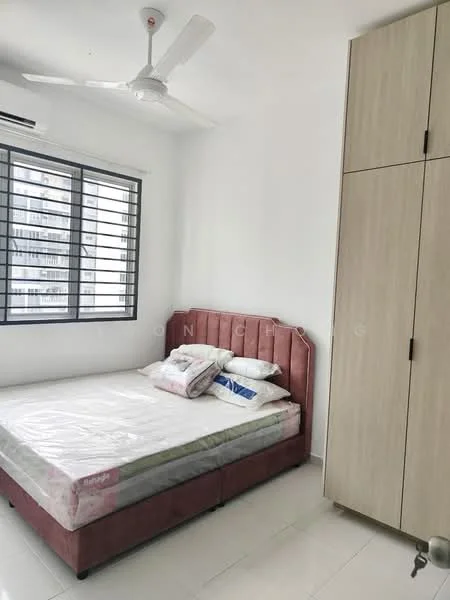 Bedroom features: queen-size bed with upholstered headboard in pink, white bedding, 2 decorative pillows, built-in wardrobe with light wood finish, floor-to-ceiling window with black metal grille, white walls, white ceiling, ceiling fan, light-colored tile flooring, air conditioning unit on wall; style: modern.