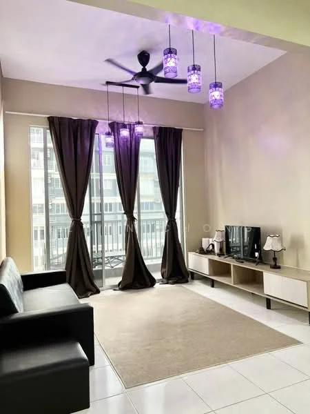 Living features: black leather sofa, beige area rug, TV console, wall-mounted TV, 2 bedside lamps, 5-blade ceiling fan with light, floor-to-ceiling windows, dark brown curtains, white tiled flooring, neutral painted walls; style: modern; view: city.