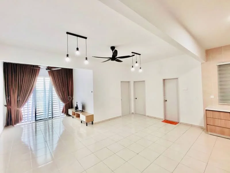 Living features: white painted walls, glossy tile flooring, 5-blade ceiling fan with light, floor-to-ceiling windows, sheer curtains, wooden TV console, two doors leading to unknown rooms, orange doormat; style: modern.
