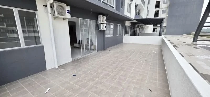 Room features: large outdoor terrace, grey tiled flooring, white painted walls, 2 wall-mounted split AC units, sliding glass door, overhead awning, open space, partial view of surroundings; style: modern.