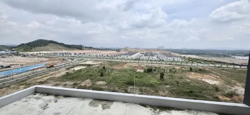 Exterior features: view of undeveloped land, parking lot visible, hills in background, cloudy sky, road infrastructure visible, open space, urban development area.