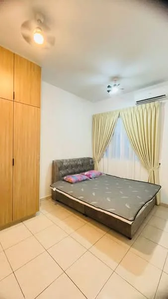Bedroom features: queen-size bed, upholstered headboard, bedside pillows, built-in wardrobe with wooden finish, floor-to-ceiling window, sheer curtains, tile flooring, ceiling light fixture, air conditioning unit; style: modern.