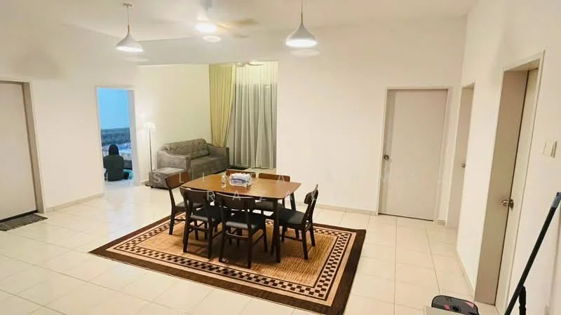 Dining features: rectangular dining table with 6 chairs, area rug with geometric pattern, white painted walls, tile flooring, recessed downlights, 2 doors leading to other rooms, large window with sheer curtains, sofa in adjacent living area; style: modern. Living features: sofa, floor lamp, white walls, tile flooring, large window, curtains; style: modern.