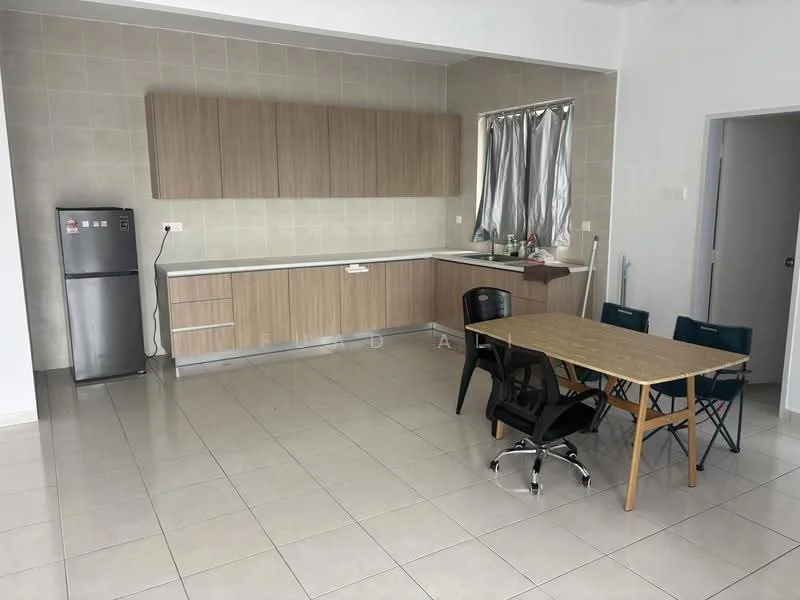 Kitchen features: light brown cabinetry, white countertop, stainless-steel fridge, single-bowl stainless-steel sink, chrome pull-down faucet, ceramic tile flooring, grey tiled backsplash, window with silver curtains, dining table with four chairs, open layout, wall-mounted electrical outlets; style: modern.