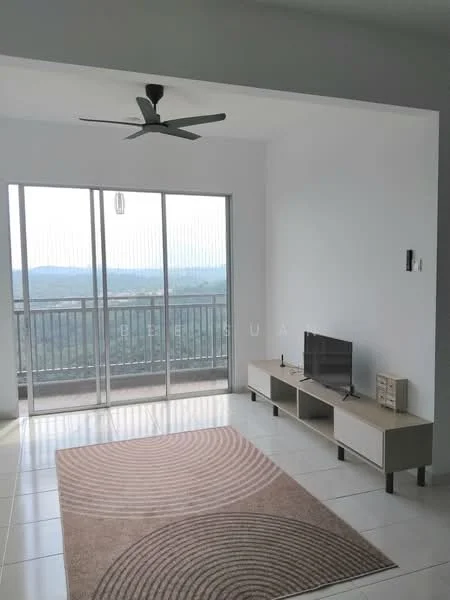 Living features: white painted walls, ceramic tile flooring, 5-blade ceiling fan, floor-to-ceiling windows, sliding glass door, TV console, wall-mounted TV, area rug with circular pattern, balcony view; style: modern; view: mountain.