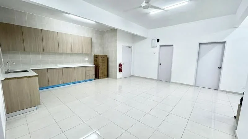 Room features: white painted walls, light grey tiled flooring, kitchen cabinetry with wood finish, single-bowl stainless-steel sink, wall-mounted faucet, recessed ceiling lights, ceiling fan, fire extinguisher mounted on wall, two doors leading to other rooms, open layout, no visible appliances, no visible furniture; style: modern.
