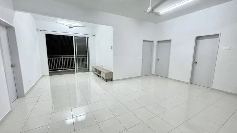 Room features: white painted walls, glossy ceramic tile flooring, ceiling with recessed lighting, 5-blade ceiling fan, sliding glass door, balcony access, multiple doors leading to other rooms, bench seating against wall; style: modern.