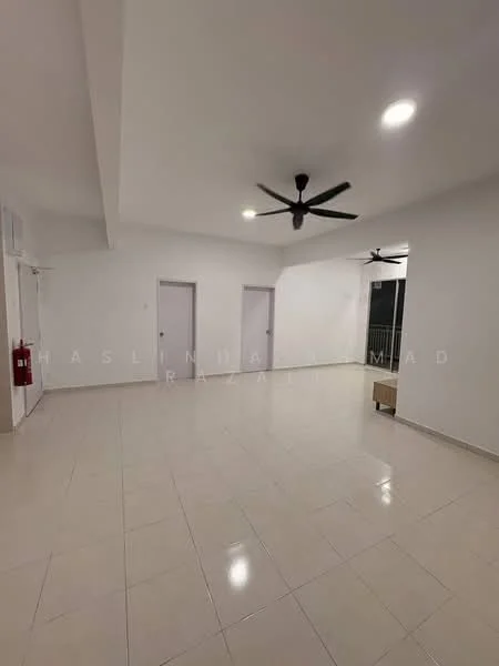 Room features: white painted walls, glossy ceramic tile flooring, dropped ceiling, recessed downlights, 2 ceiling fans, fire extinguisher on wall, 2 doors, large windows, open space layout; style: modern.