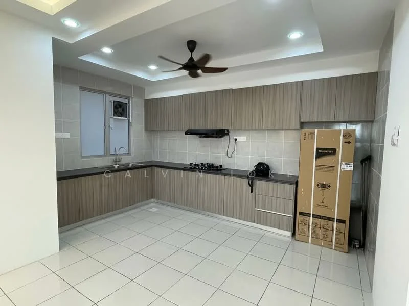 Kitchen features: L-shaped kitchen layout, brown wooden cabinetry, grey countertop, stainless-steel sink, chrome pull-out faucet, 4-burner gas hob, built-in range hood, ceramic tile flooring, recessed downlights, wall-mounted fan, window above sink, appliance box, tile backsplash; style: modern.
