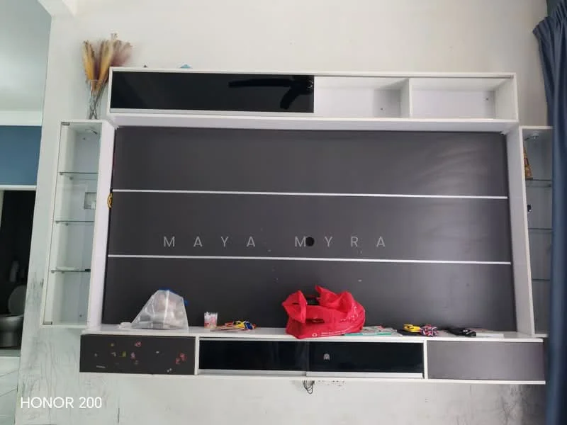 Room features: wall-mounted entertainment unit, black and white cabinetry, open shelving, black accent wall, drawers, decorative items on shelves, curtains, ceiling fan; style: modern.