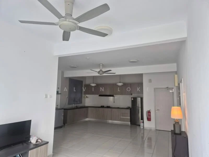 Living features: white painted walls, polished tile flooring, 5-blade ceiling fan with light, 2 ceiling fans, TV console, wall-mounted TV, refrigerator, kitchen island with seating, open-plan layout, lampshade, fire extinguisher, door to hallway; style: modern. Kitchen features: black countertop, wood cabinetry, stainless-steel sink, built-in oven, freestanding range oven, microwave; style: modern.