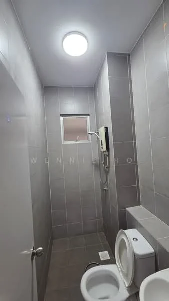 Bathroom features: grey tiled walls, grey tiled flooring, one-piece toilet, shower with handheld showerhead, small window, ceiling light, wall-mounted shower heater, white vanity unit; style: modern.