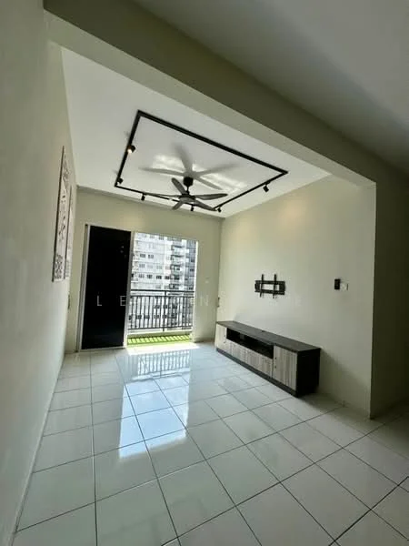 Living features: white painted walls, glossy white tile flooring, tray ceiling, 5-blade ceiling fan with light, wall-mounted TV console, large sliding glass door, floor-to-ceiling windows, balcony access, natural light, black door, track lighting; style: modern; view: city.