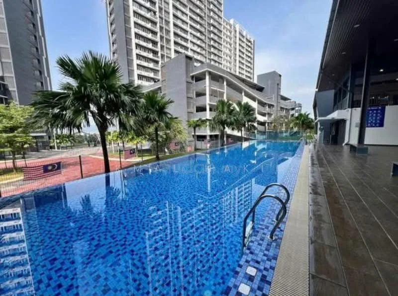 Exterior type: high-rise condominium; features: infinity pool, pool deck with loungers, tiled pool surface, surrounded by palm trees, modern architectural design, glass facade on building, landscaped garden area, multiple storeys visible; style: modern.