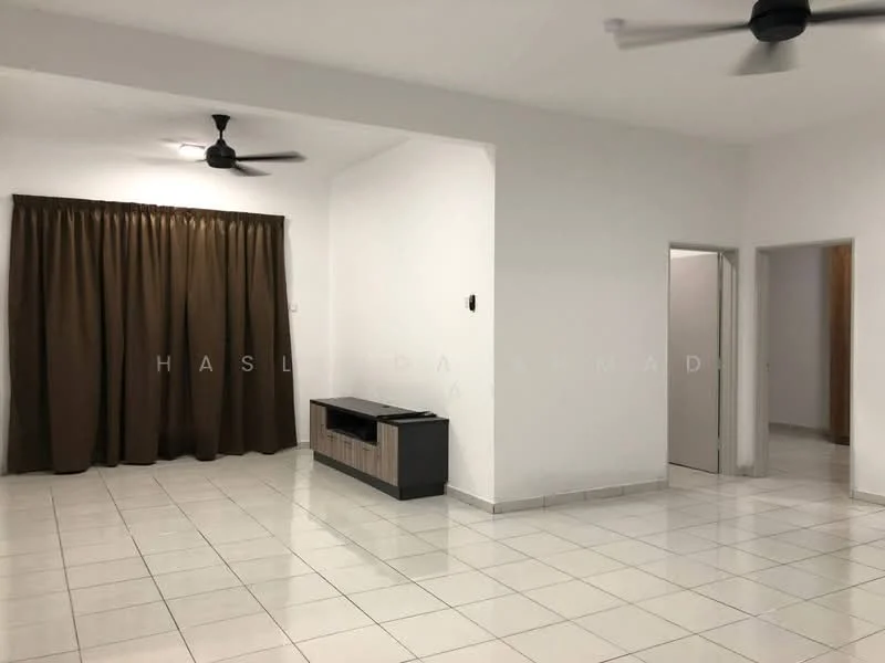 Living features: white painted walls, glossy ceramic tile flooring, 2 ceiling fans, brown curtain, TV console, recessed lighting, doorway to adjacent room, open layout; style: modern.