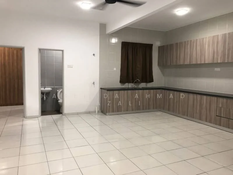 Kitchen features: grey laminate cabinetry, black countertop, single-bowl stainless-steel sink, chrome pull-down faucet, white tiled backsplash, white tiled flooring, recessed downlights, window with brown curtain; style: modern. Room features: white painted walls, white tiled flooring, door leading to bathroom, door leading to hallway.