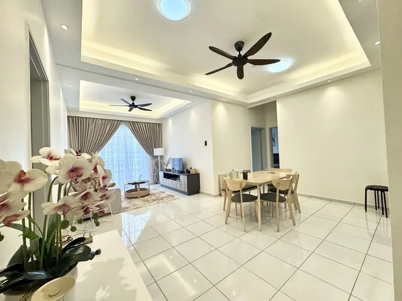 Living features: white painted walls, glossy white tile flooring, tray ceiling with recessed lighting, 2 ceiling fans, large window with sheer curtains, sofa, coffee table, TV console, dining table with 4 chairs, decorative plant, area rug; style: modern; view: city.