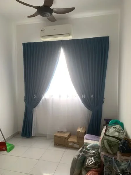 Room features: white painted walls, glossy tile flooring, floor-to-ceiling window, blue curtains, air conditioning unit, decorative items in boxes, cleaning supplies, natural light from window; style: modern.