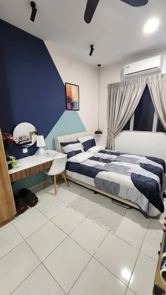 Bedroom features: queen-size bed with patterned bedding, wooden bedside table, white desk with chair, wall-mounted mirror, ceiling fan, wall-mounted air conditioning unit, curtains, decorative wall art, tiled flooring, accent wall with geometric design, built-in wardrobe; style: modern.