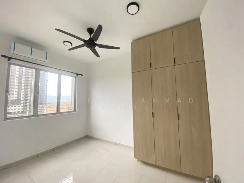 Bedroom features: white painted walls, tile flooring, 5-blade ceiling fan, wall-mounted split AC, floor-to-ceiling window, built-in wardrobe with wood finish, natural light from window, mountain view from window; style: modern; view: mountain.