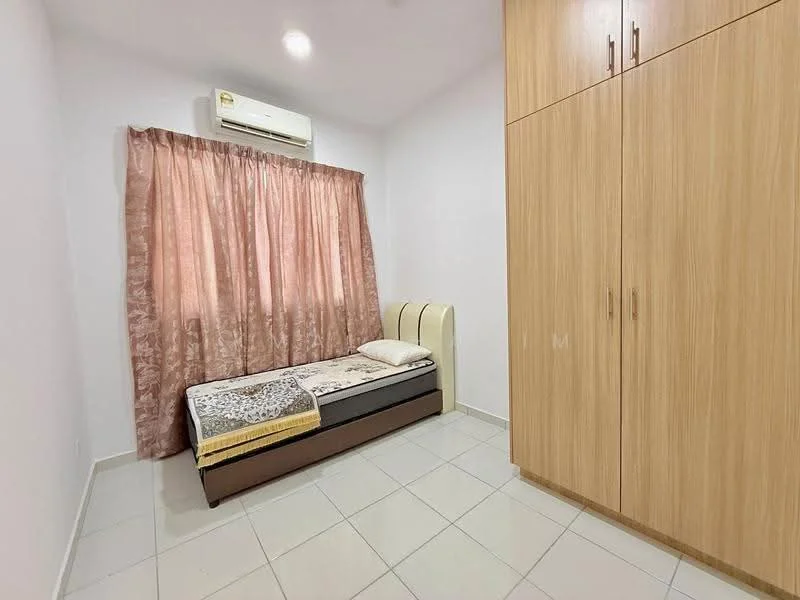 Bedroom features: single bed with mattress, wooden headboard, built-in wardrobe with wooden finish, curtains in light pink, wall-mounted split AC unit, white painted walls, tile flooring, bedside pillow; style: modern.