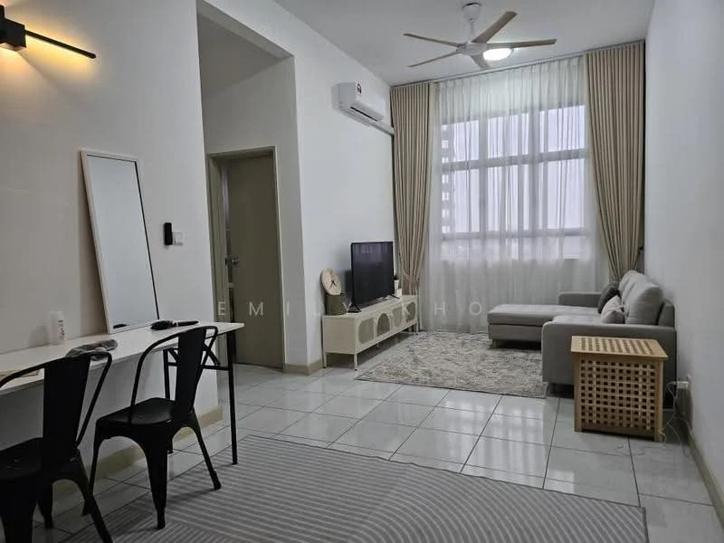 Living features: grey fabric sofa, 3-blade ceiling fan, wall-mounted TV, TV console, area rug with geometric pattern, white painted walls, cream curtains, large window with sheer curtains, dining table for two with black chairs, tile flooring, air conditioning unit; style: modern.