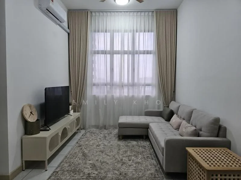 Living features: light grey fabric sectional sofa, white TV console, wall-mounted flat-screen TV, area rug with neutral tones, floor-to-ceiling windows, sheer curtains, ceiling fan with light, light grey walls, decorative wall clock, wooden side table; style: modern.