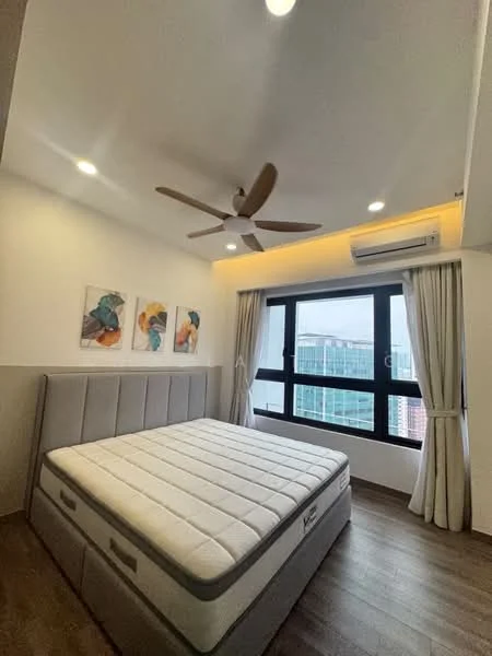 Bedroom features: king-size bed, upholstered headboard, 2 bedside lamps, floor-to-ceiling windows, sheer curtains, 5-blade ceiling fan with light, recessed downlights, wooden flooring, decorative artwork on walls, air conditioning unit; style: modern; view: city.