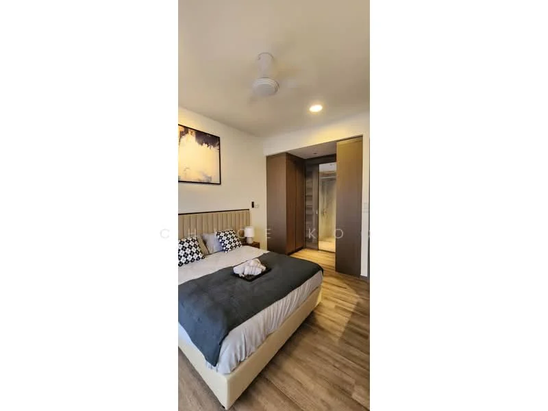 Bedroom features: queen-size bed with grey bedding, upholstered headboard, 2 bedside lamps, wooden flooring, ceiling fan, framed artwork on wall, built-in wardrobe with sliding doors, natural light from window, neutral wall color; style: modern.