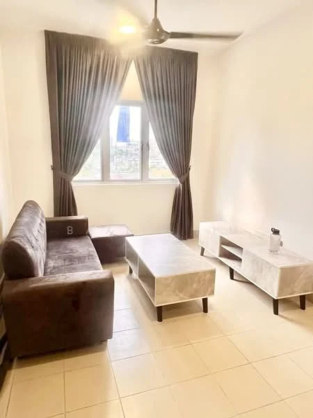 Living features: 3-seater fabric sofa in brown, coffee table with marble top, TV console with storage, floor-to-ceiling windows, sheer curtains, dark curtains, ceiling fan, tile flooring, neutral painted walls; style: modern; view: city.