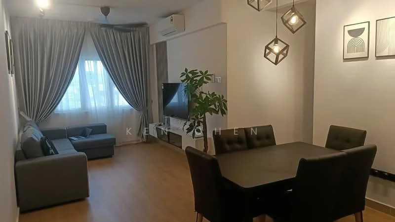Living features: grey fabric sofa, black dining table with four chairs, wall-mounted TV, white TV console, wooden flooring, floor-to-ceiling windows with sheer curtains, decorative wall art, indirect lighting, potted plant; style: modern; view: city.