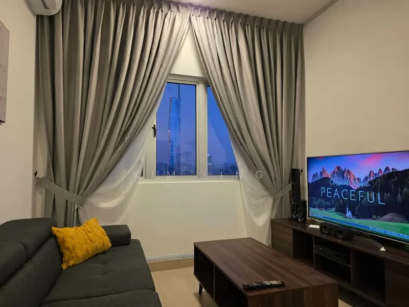 Living features: grey fabric sofa, yellow decorative cushion, wooden coffee table, wall-mounted TV, TV console, floor-to-ceiling window, sheer curtains, dark curtains, air conditioning unit, tile flooring, city skyline view; style: modern; view: city.