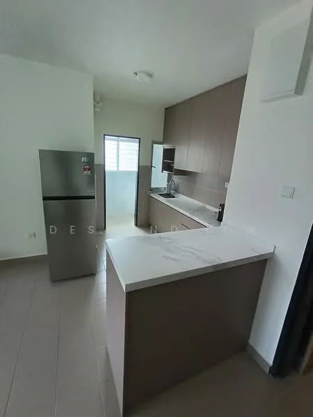 Kitchen features: white marble countertop, brown cabinetry, stainless-steel fridge, built-in oven, single-bowl stainless-steel sink, chrome pull-down faucet, ceramic tile flooring, window for natural light, recessed downlights, open layout, kitchen island; style: modern.