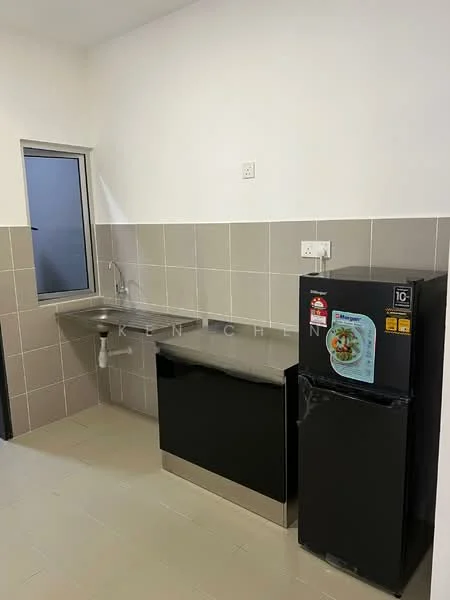 Kitchen features: single-bowl stainless-steel sink, chrome pull-down faucet, grey laminate countertop, black cabinetry, stainless-steel fridge, grey tiled backsplash, white painted walls, tile flooring, window with view, under-cabinet lighting; style: modern.