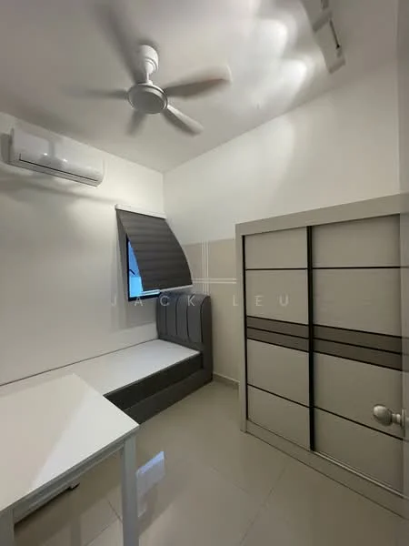 Bedroom features: single bed with grey upholstered headboard, built-in wardrobe with sliding doors, white walls, ceiling fan, wall-mounted split AC, window with grey blinds, tile flooring, desk with white surface; style: modern.